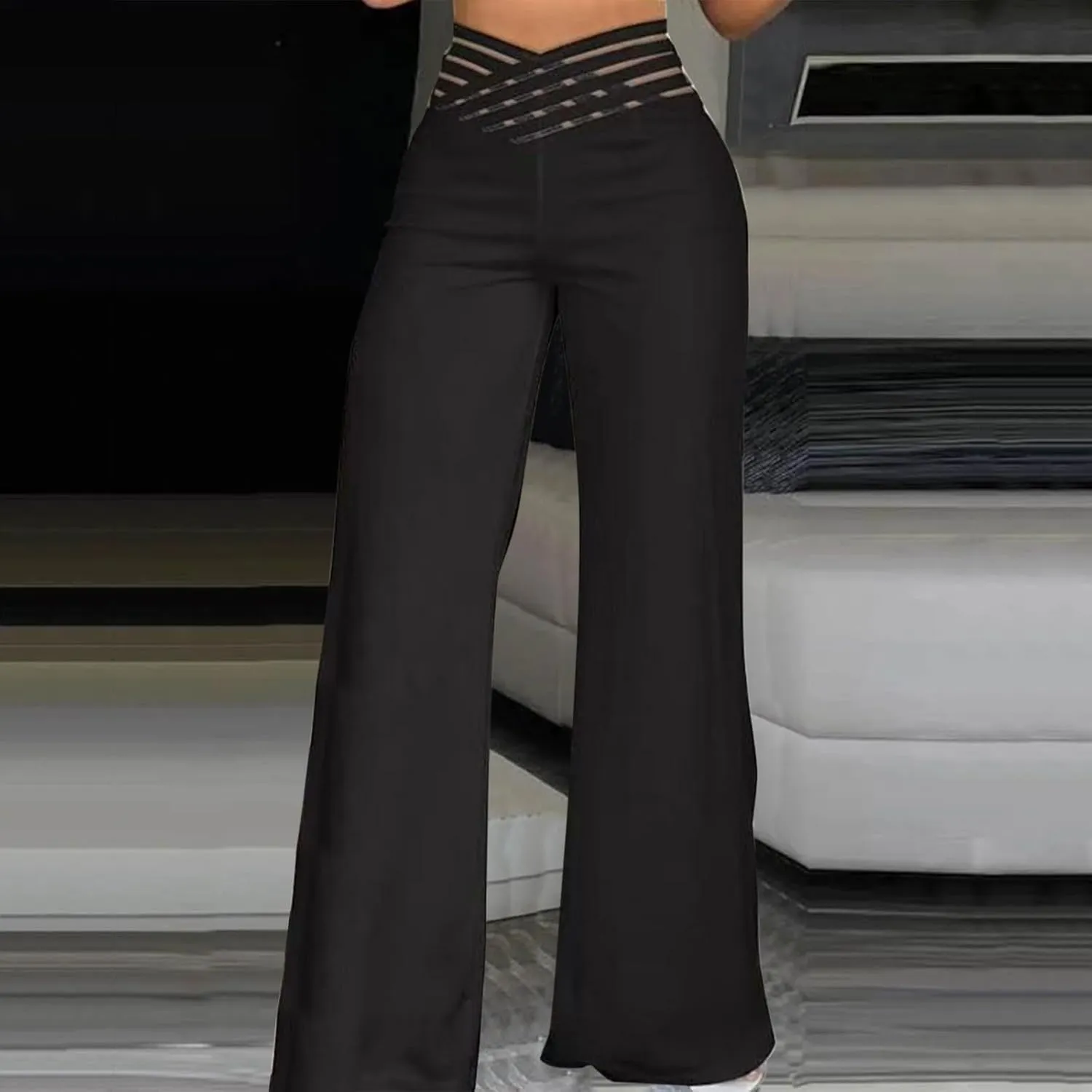 Wide Leg Pants for Women Hollow Belt High Waist Solid Color Loose Flowy Long Trousers Going Out Beach Vacation Pants