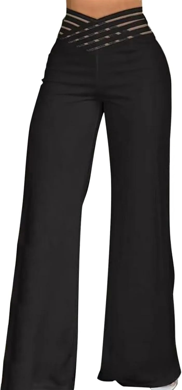 Wide Leg Pants for Women Hollow Belt High Waist Solid Color Loose Flowy Long Trousers Going Out Beach Vacation Pants