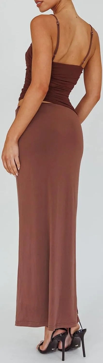 Women 2 Piece Maxi Skirt Set Spaghetti Strap Ruched Mesh Cami Top Bodycon Long Skirts Summer Beach Vacation Outfits