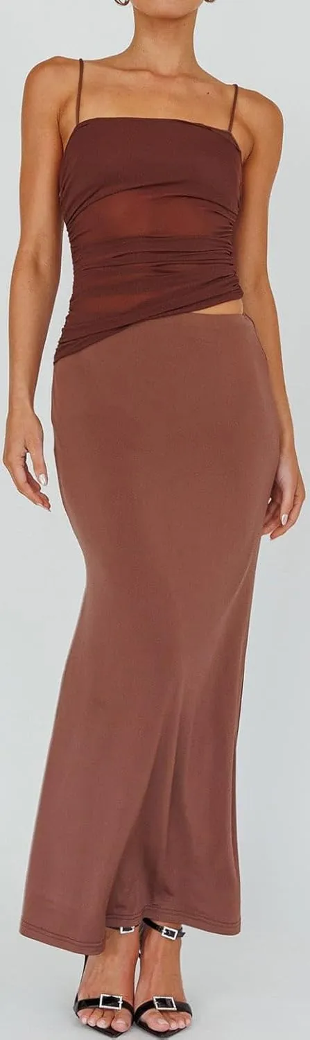 Women 2 Piece Maxi Skirt Set Spaghetti Strap Ruched Mesh Cami Top Bodycon Long Skirts Summer Beach Vacation Outfits