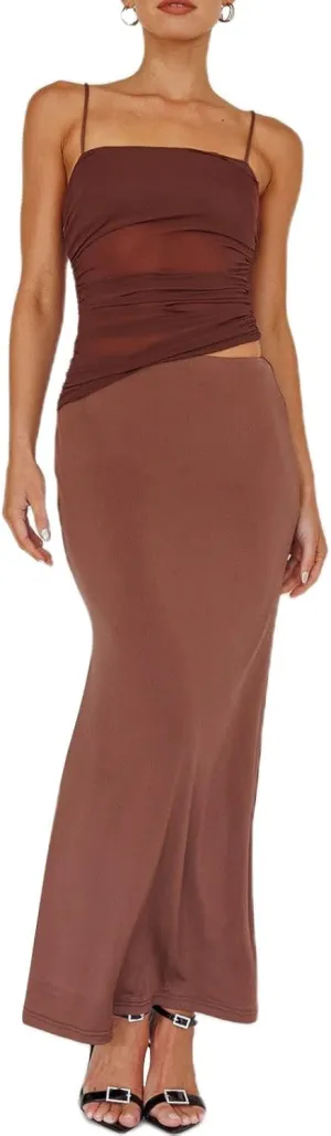 Women 2 Piece Maxi Skirt Set Spaghetti Strap Ruched Mesh Cami Top Bodycon Long Skirts Summer Beach Vacation Outfits
