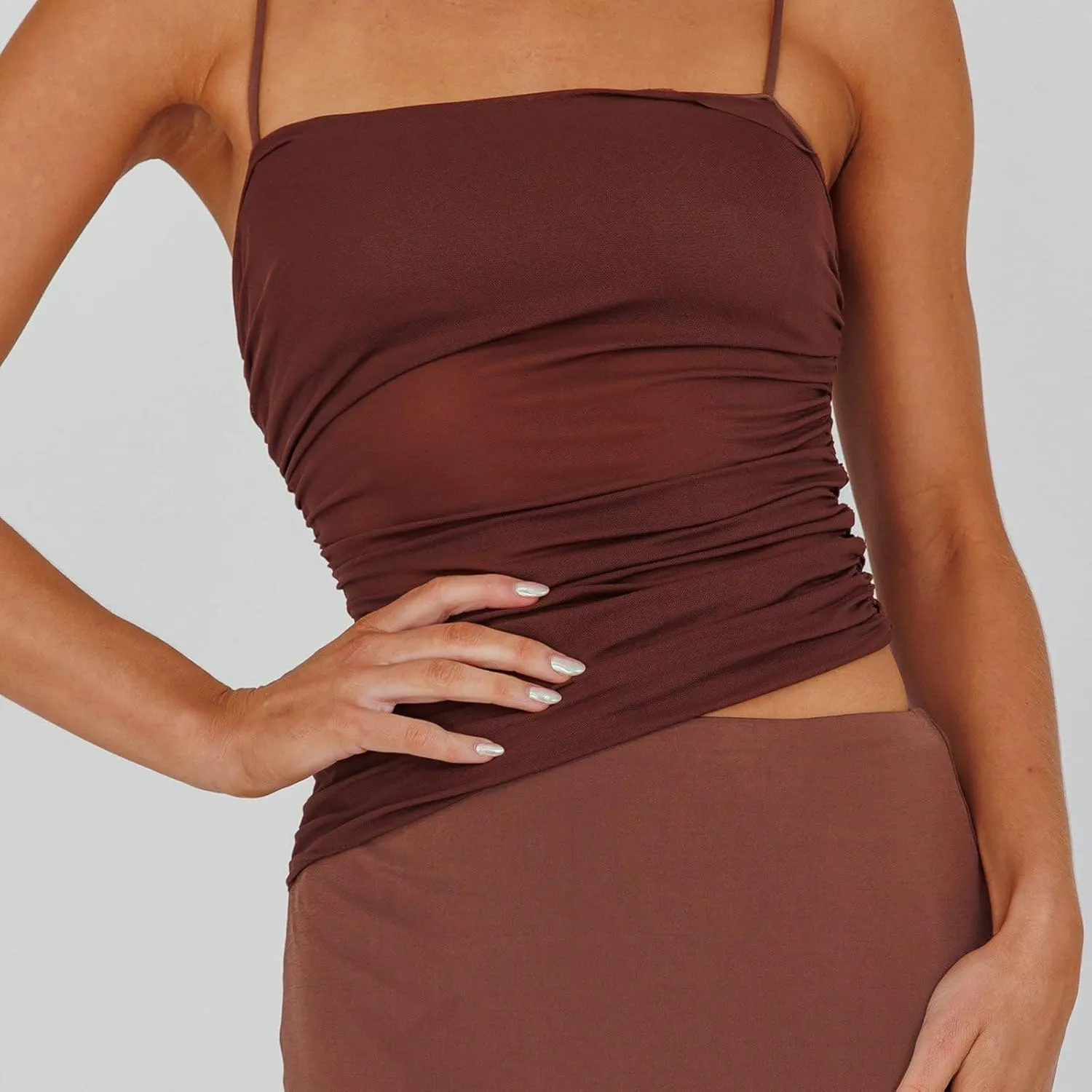 Women 2 Piece Maxi Skirt Set Spaghetti Strap Ruched Mesh Cami Top Bodycon Long Skirts Summer Beach Vacation Outfits