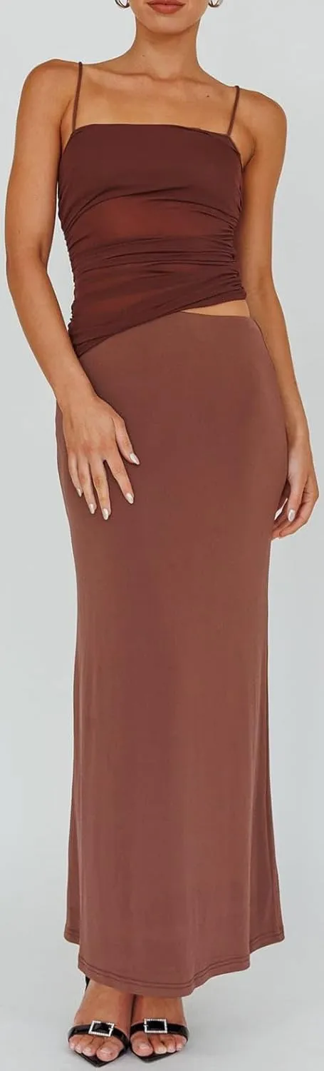 Women 2 Piece Maxi Skirt Set Spaghetti Strap Ruched Mesh Cami Top Bodycon Long Skirts Summer Beach Vacation Outfits