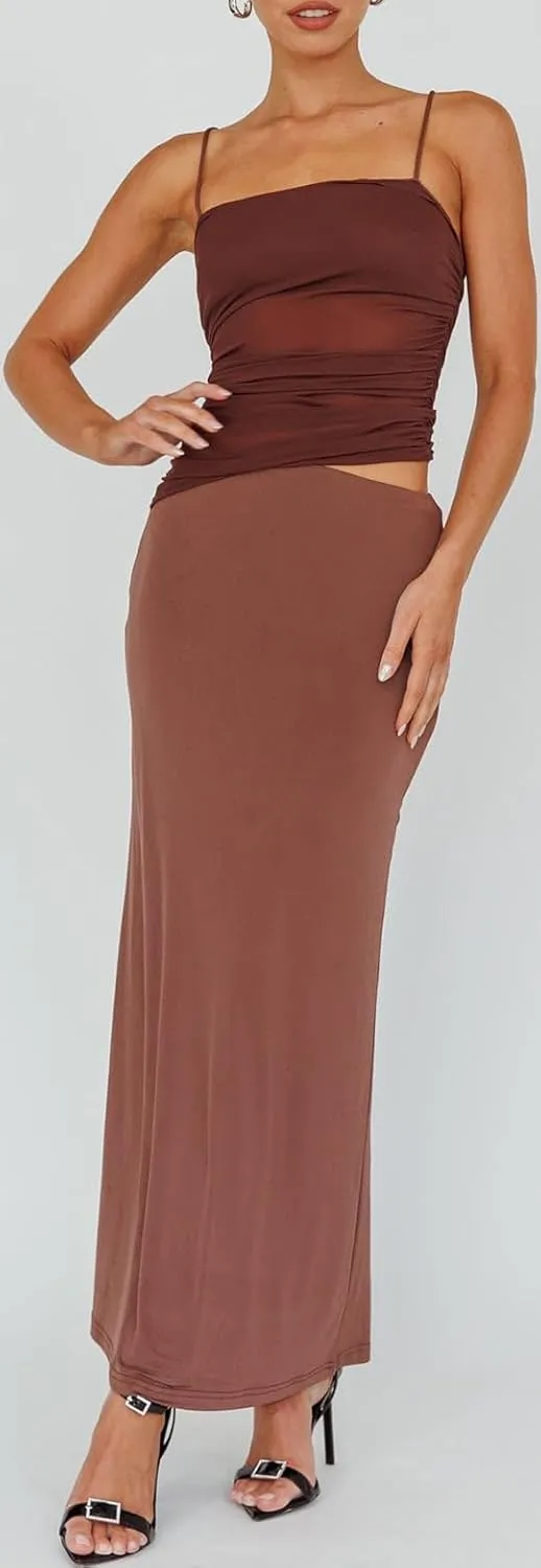 Women 2 Piece Maxi Skirt Set Spaghetti Strap Ruched Mesh Cami Top Bodycon Long Skirts Summer Beach Vacation Outfits