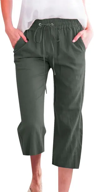 Women Capri Linen Drawstring Elastic Waist Pant Casual Knee Length Pocket Straight Wide Leg Workout Cropped Capris