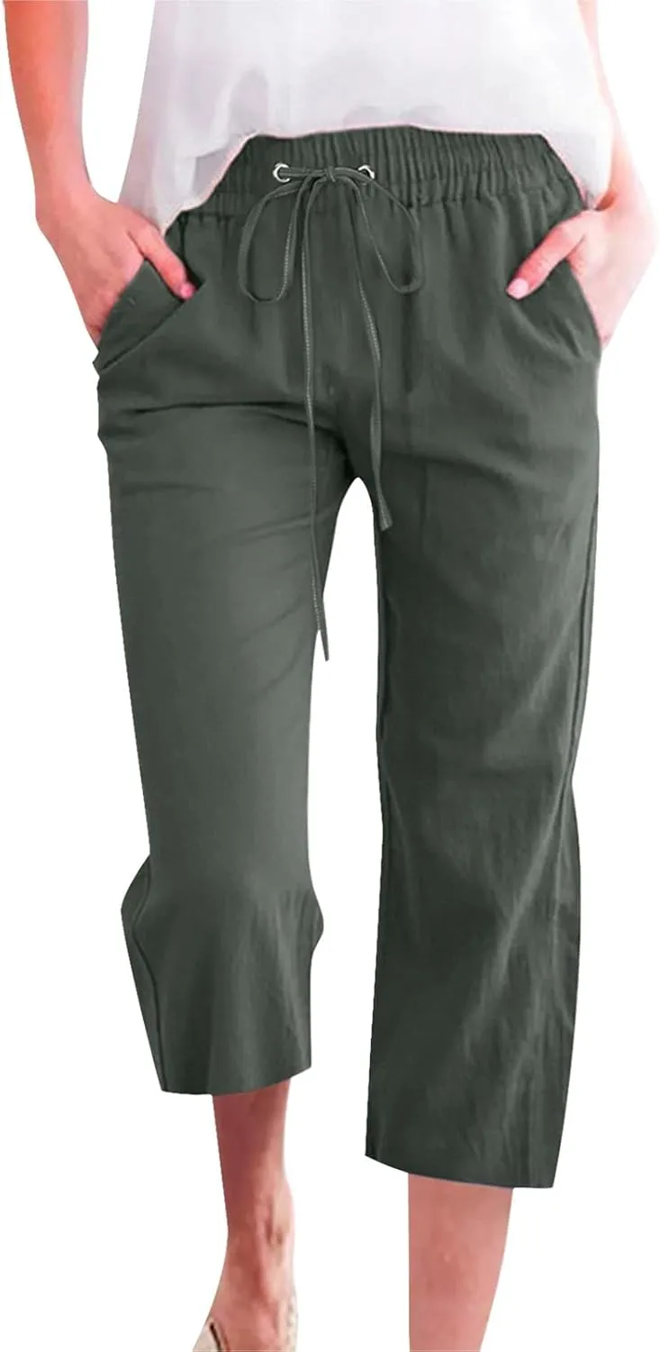Women Capri Linen Drawstring Elastic Waist Pant Casual Knee Length Pocket Straight Wide Leg Workout Cropped Capris
