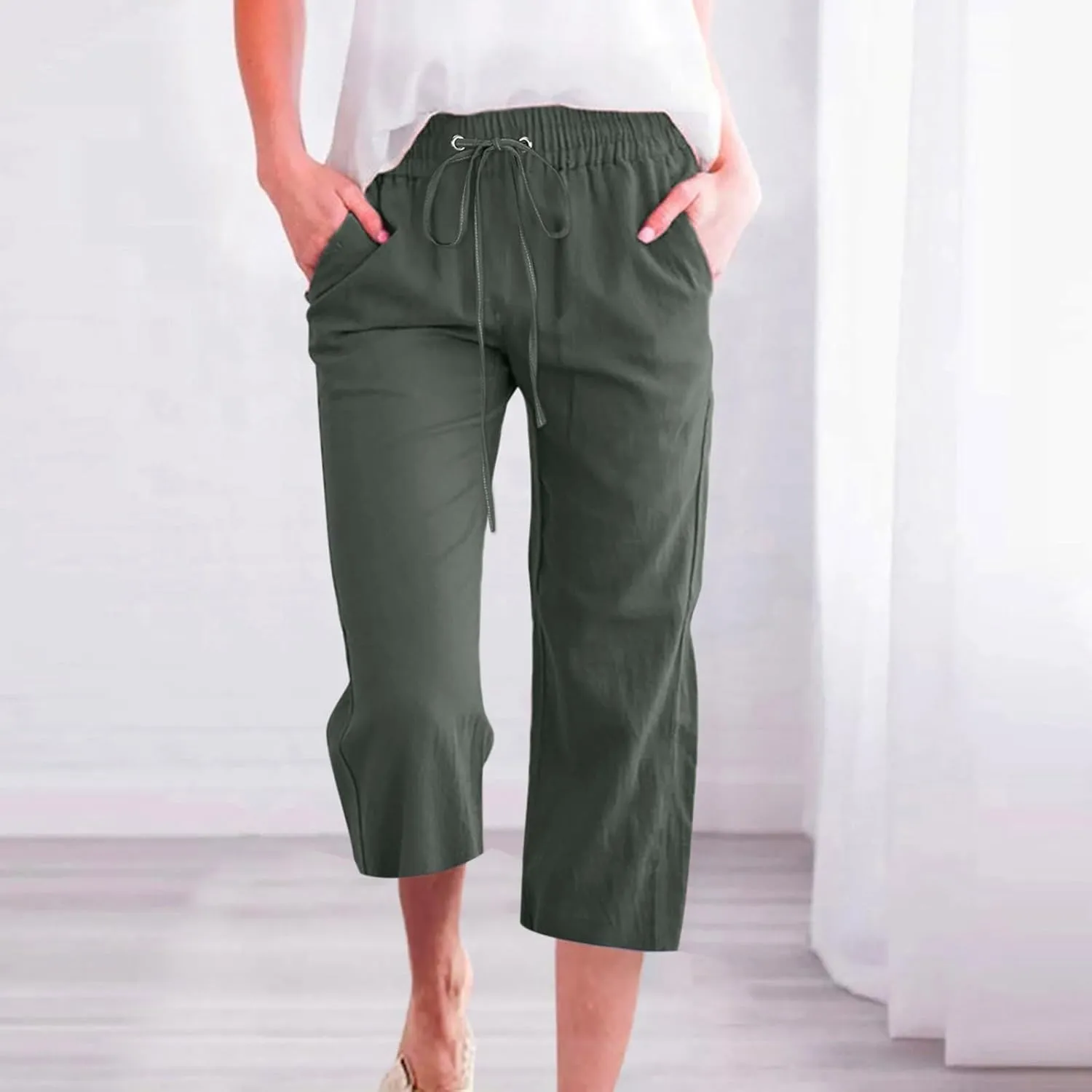 Women Capri Linen Drawstring Elastic Waist Pant Casual Knee Length Pocket Straight Wide Leg Workout Cropped Capris