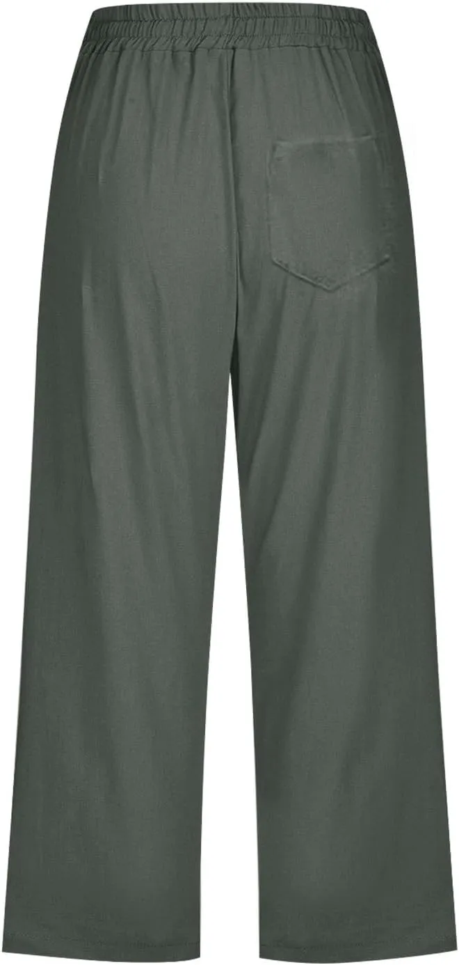 Women Capri Linen Drawstring Elastic Waist Pant Casual Knee Length Pocket Straight Wide Leg Workout Cropped Capris