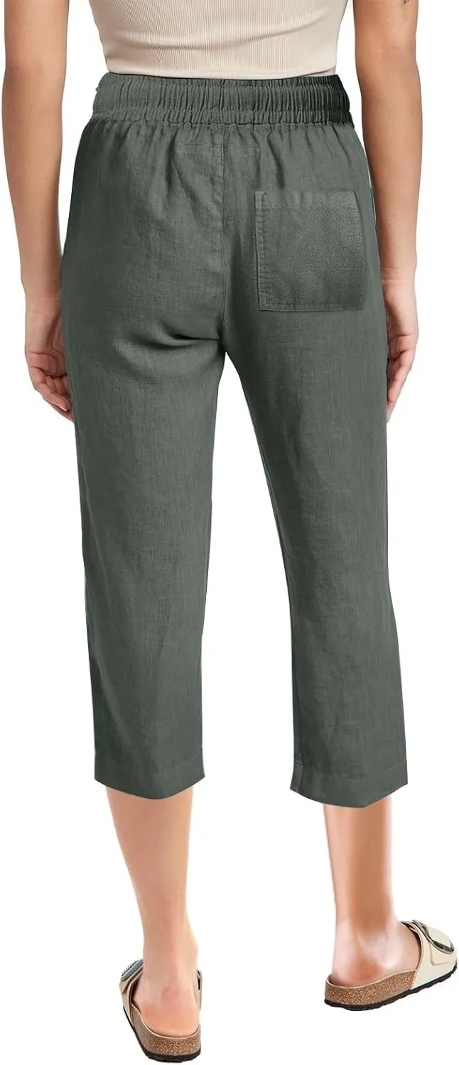 Women Capri Linen Drawstring Elastic Waist Pant Casual Knee Length Pocket Straight Wide Leg Workout Cropped Capris