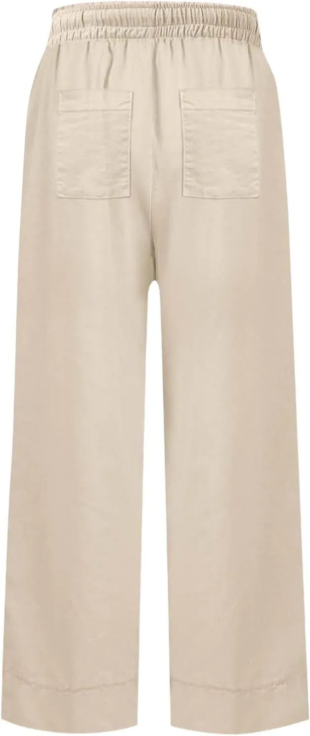 Women Linen Dress Pants Wide Leg Capri Pant Summer High Waisted Cropped Slacks Boho Flowy Palazzo Trouser with Pockets