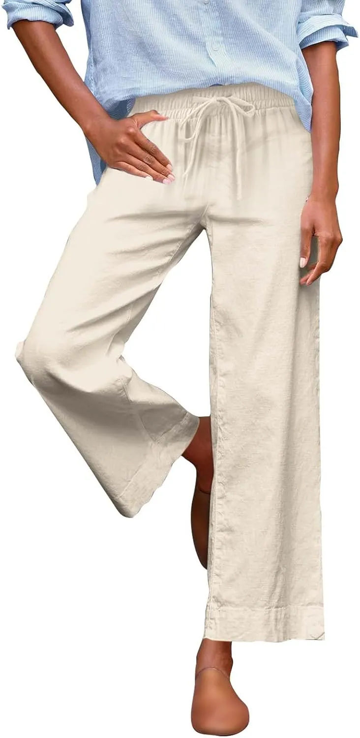 Women Linen Dress Pants Wide Leg Capri Pant Summer High Waisted Cropped Slacks Boho Flowy Palazzo Trouser with Pockets