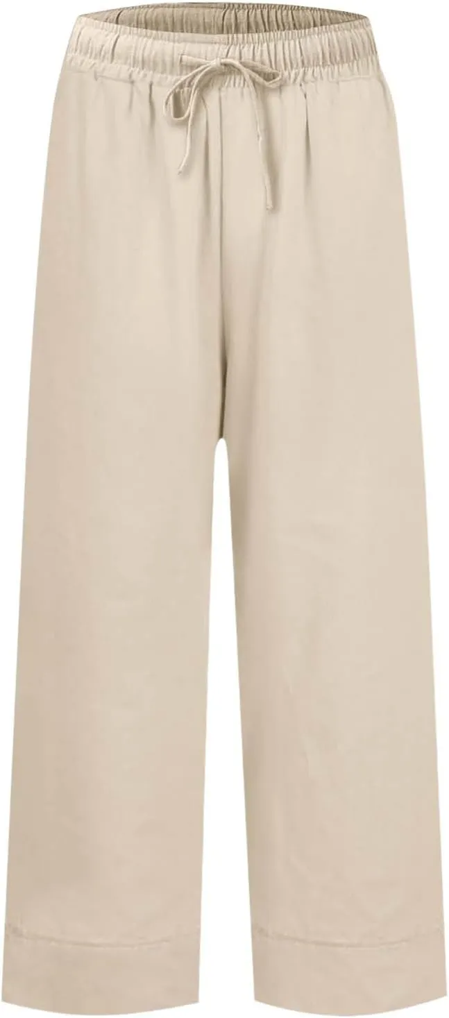 Women Linen Dress Pants Wide Leg Capri Pant Summer High Waisted Cropped Slacks Boho Flowy Palazzo Trouser with Pockets
