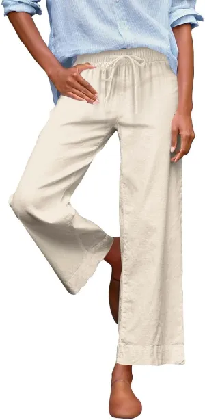 Women Linen Dress Pants Wide Leg Capri Pant Summer High Waisted Cropped Slacks Boho Flowy Palazzo Trouser with Pockets