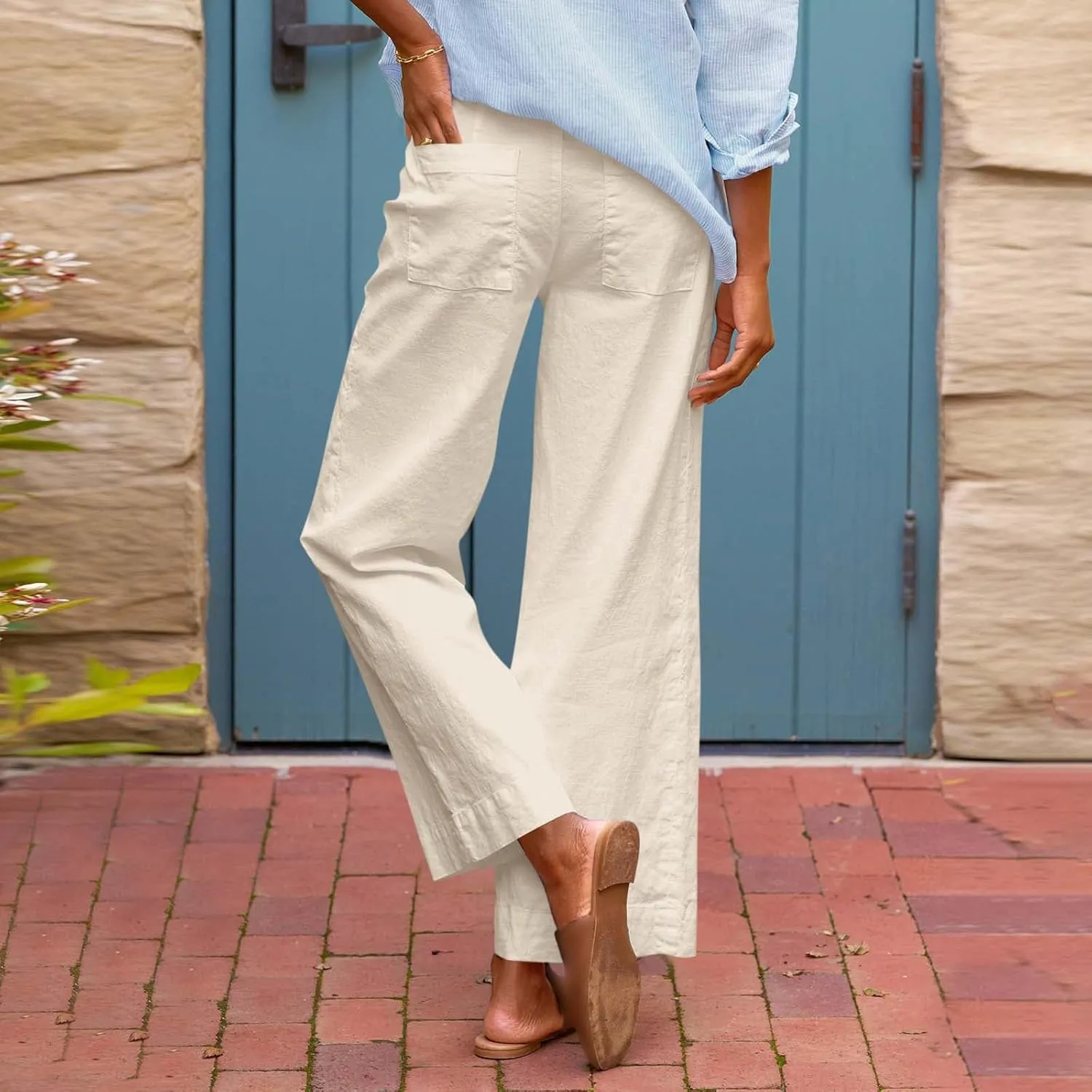 Women Linen Dress Pants Wide Leg Capri Pant Summer High Waisted Cropped Slacks Boho Flowy Palazzo Trouser with Pockets