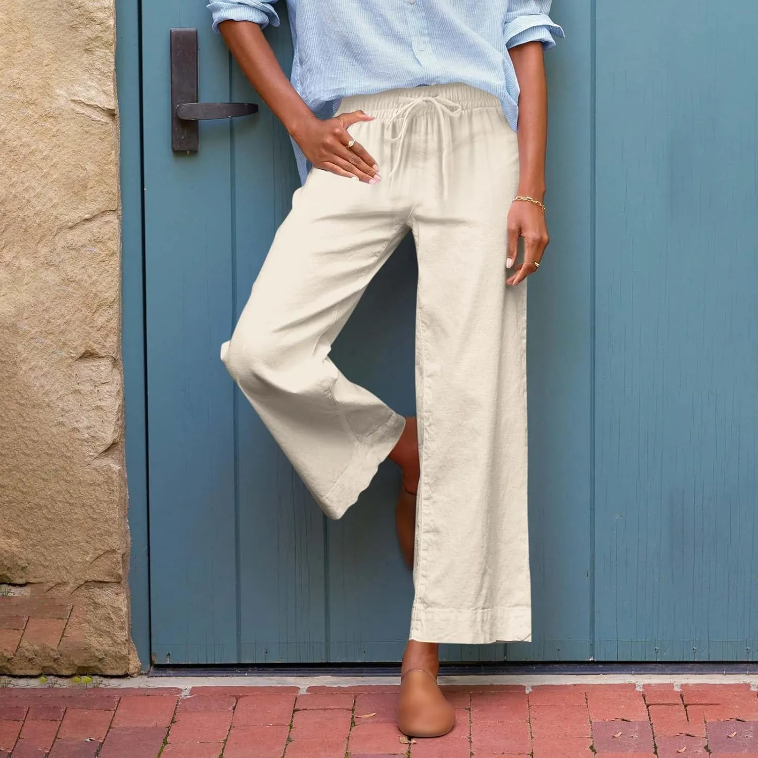 Women Linen Dress Pants Wide Leg Capri Pant Summer High Waisted Cropped Slacks Boho Flowy Palazzo Trouser with Pockets