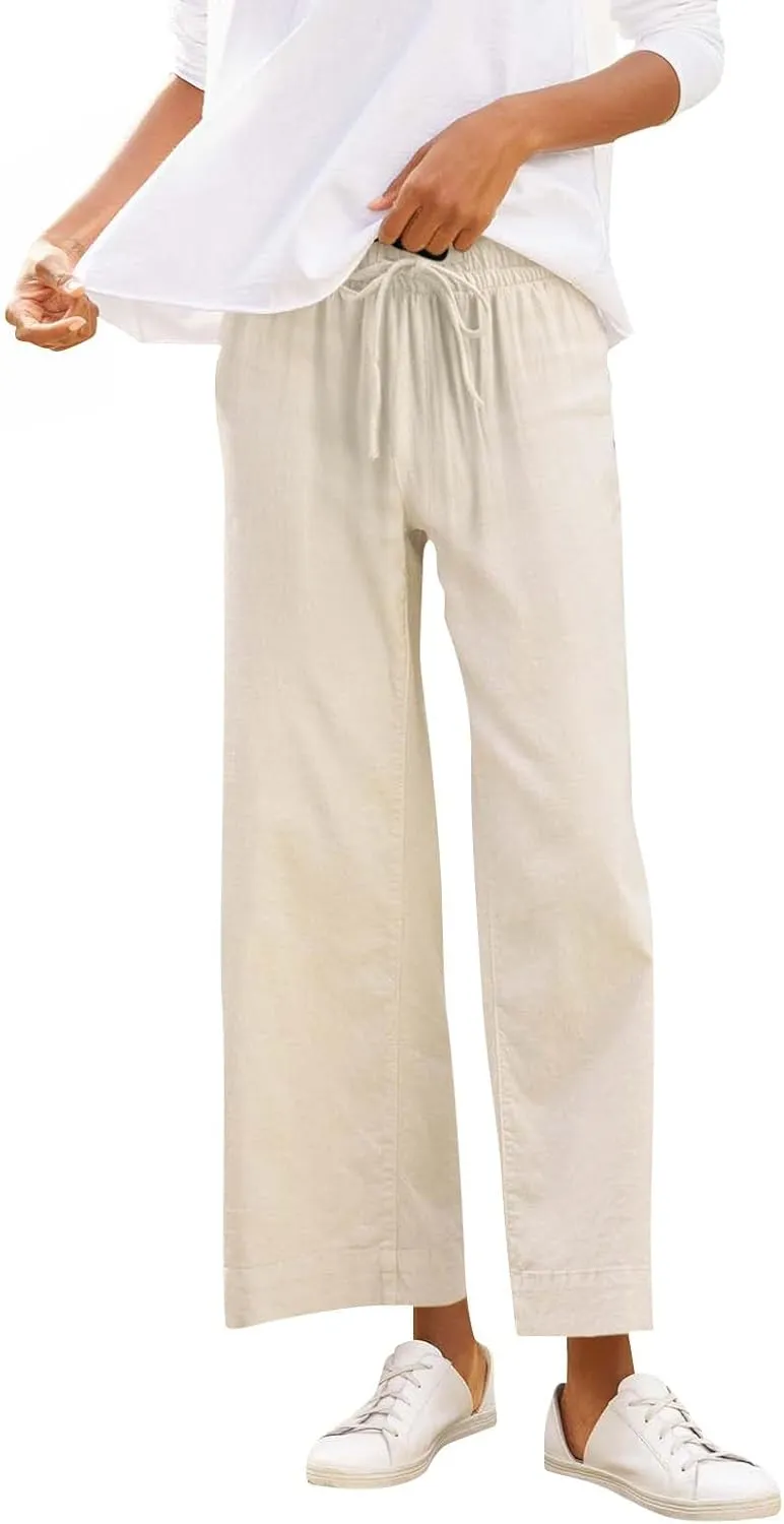 Women Linen Dress Pants Wide Leg Capri Pant Summer High Waisted Cropped Slacks Boho Flowy Palazzo Trouser with Pockets