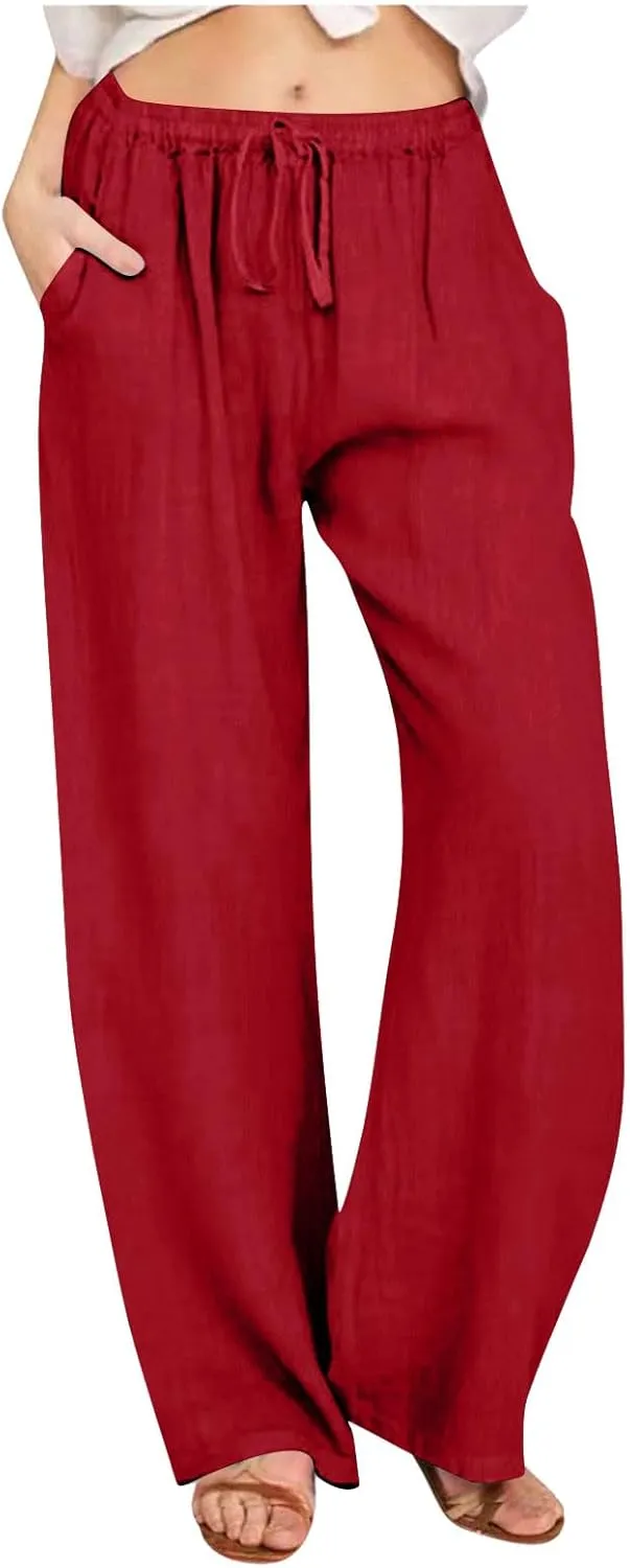 Women Linen Palazzo Pants with Pockets Plus Size Drawstring Summer Bottoms Wide Leg Casual Flowy Beach Trousers