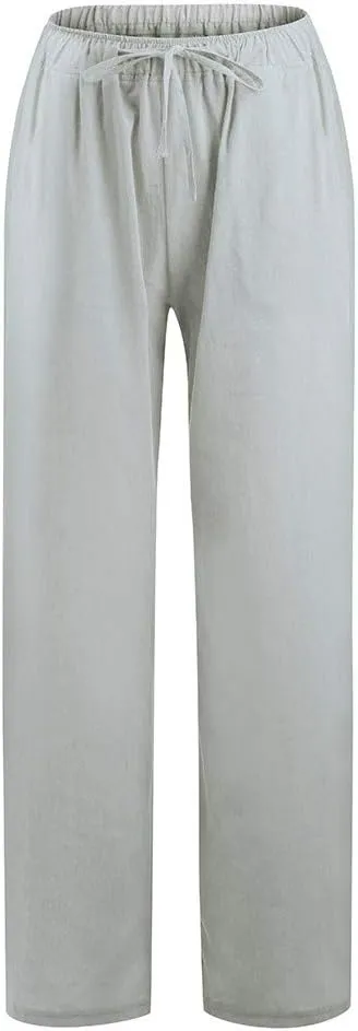Women Linen Palazzo Pants with Pockets Plus Size Drawstring Summer Bottoms Wide Leg Casual Flowy Beach Trousers