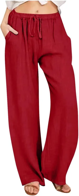 Women Linen Palazzo Pants with Pockets Plus Size Drawstring Summer Bottoms Wide Leg Casual Flowy Beach Trousers