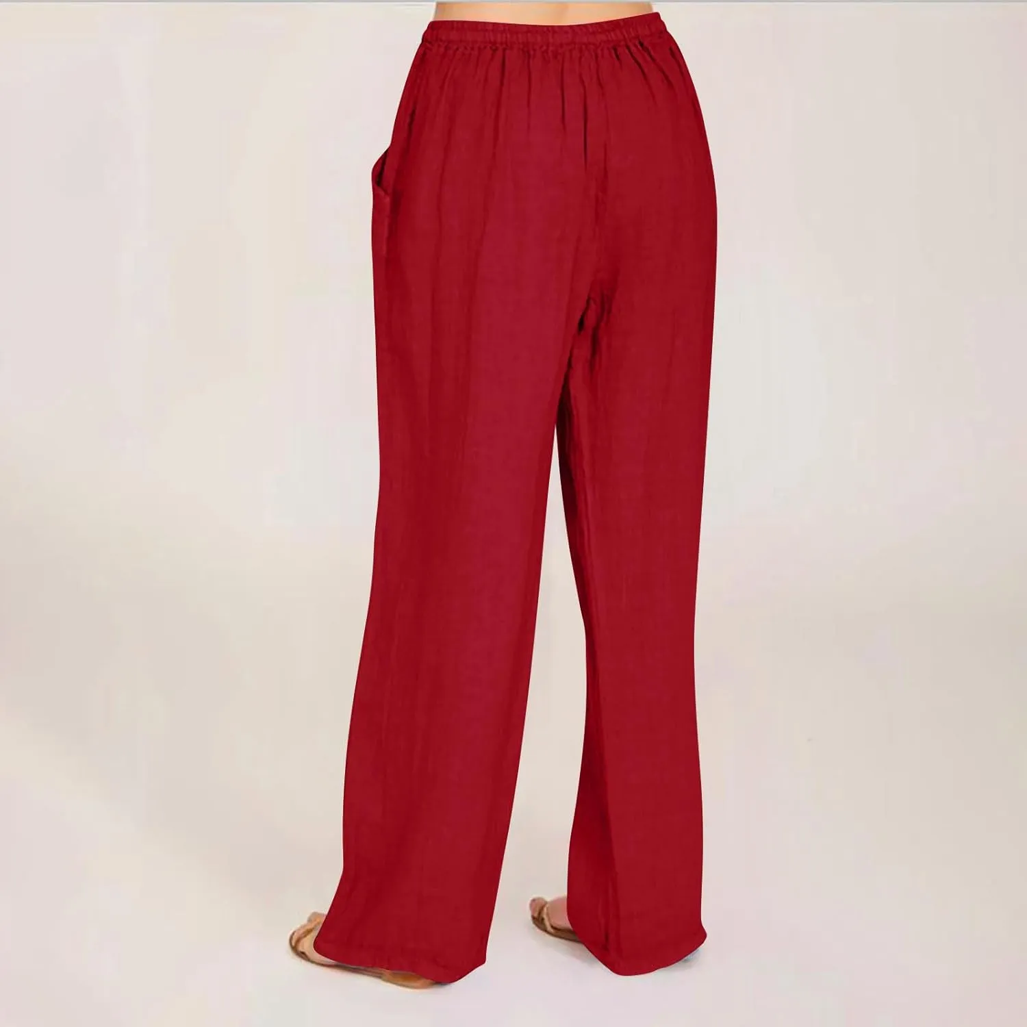Women Linen Palazzo Pants with Pockets Plus Size Drawstring Summer Bottoms Wide Leg Casual Flowy Beach Trousers