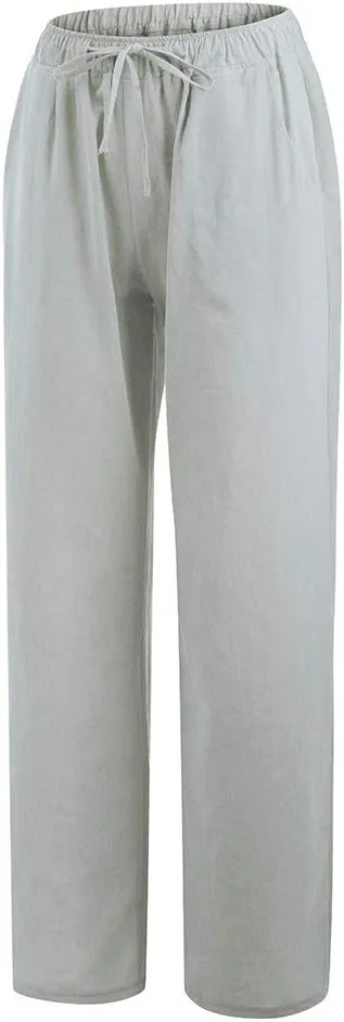 Women Linen Palazzo Pants with Pockets Plus Size Drawstring Summer Bottoms Wide Leg Casual Flowy Beach Trousers