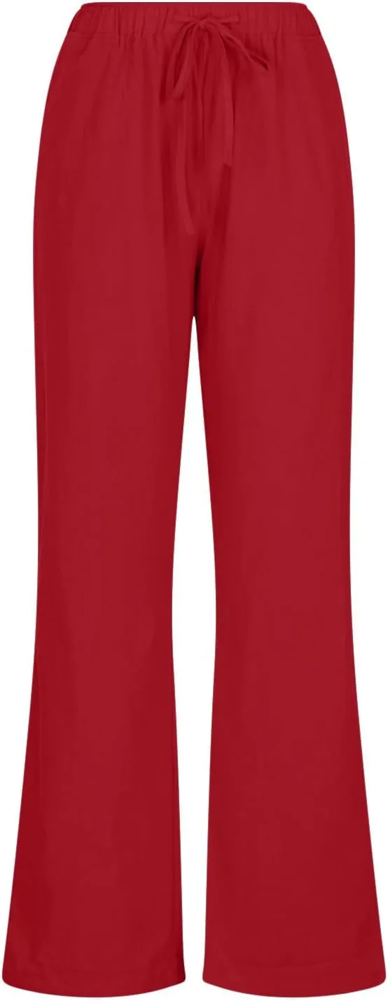 Women Linen Palazzo Pants with Pockets Plus Size Drawstring Summer Bottoms Wide Leg Casual Flowy Beach Trousers
