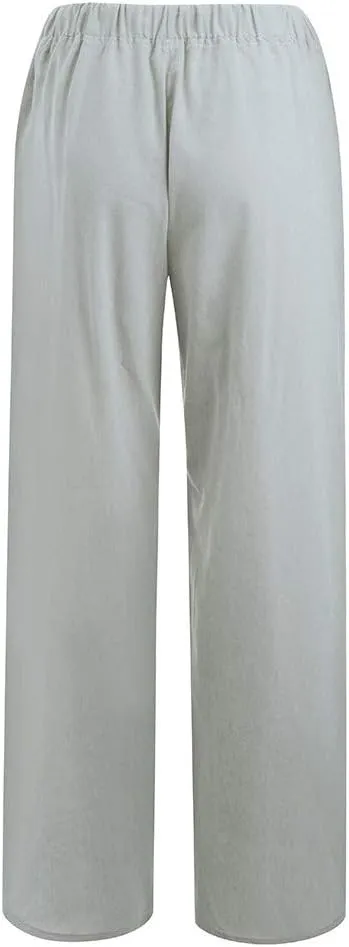 Women Linen Palazzo Pants with Pockets Plus Size Drawstring Summer Bottoms Wide Leg Casual Flowy Beach Trousers
