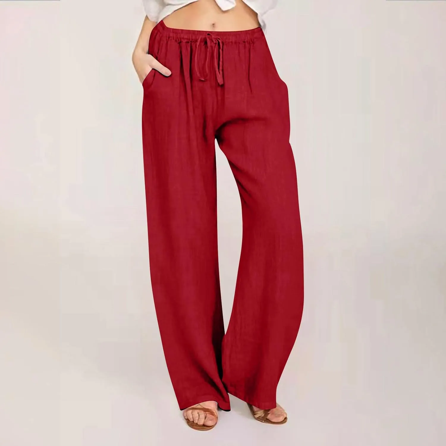 Women Linen Palazzo Pants with Pockets Plus Size Drawstring Summer Bottoms Wide Leg Casual Flowy Beach Trousers