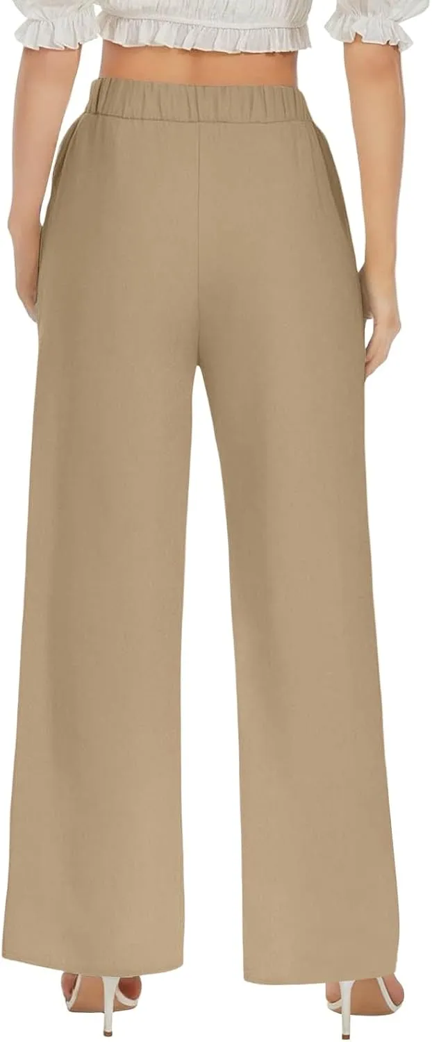 Women Linen Pants Casual Loose Fit Drawstring Elastic Waist Summer Wide Leg Beach Pants Travel Vacation Trouser with Pockets