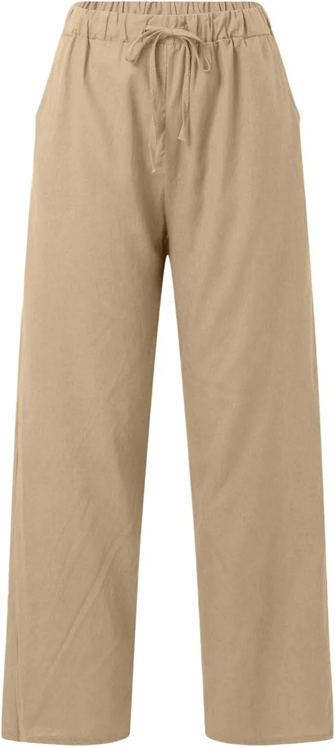 Women Linen Pants Casual Loose Fit Drawstring Elastic Waist Summer Wide Leg Beach Pants Travel Vacation Trouser with Pockets