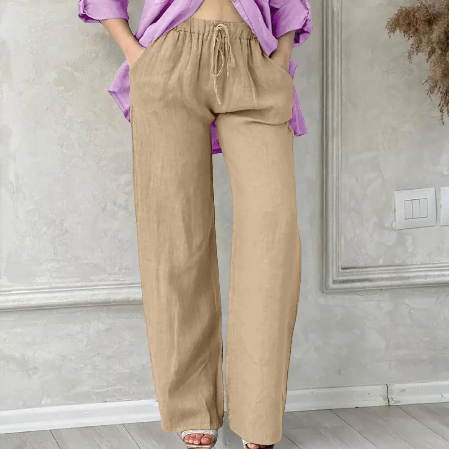 Women Linen Pants Casual Loose Fit Drawstring Elastic Waist Summer Wide Leg Beach Pants Travel Vacation Trouser with Pockets