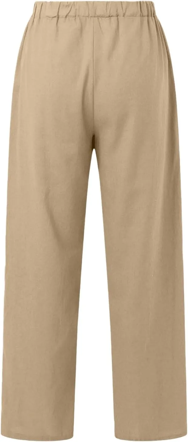Women Linen Pants Casual Loose Fit Drawstring Elastic Waist Summer Wide Leg Beach Pants Travel Vacation Trouser with Pockets