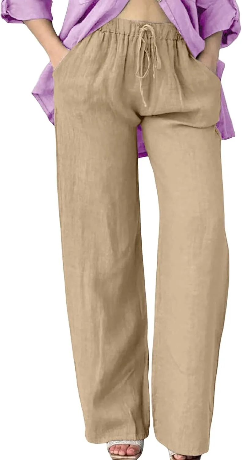 Women Linen Pants Casual Loose Fit Drawstring Elastic Waist Summer Wide Leg Beach Pants Travel Vacation Trouser with Pockets