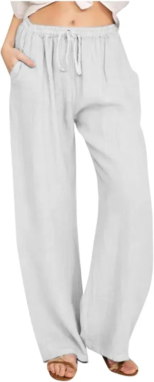 Women Long Linen Pants Casual Loose High Waist Drawstring Wide Leg Palazzo Pants Trousers with Pockets Baggy Slacks