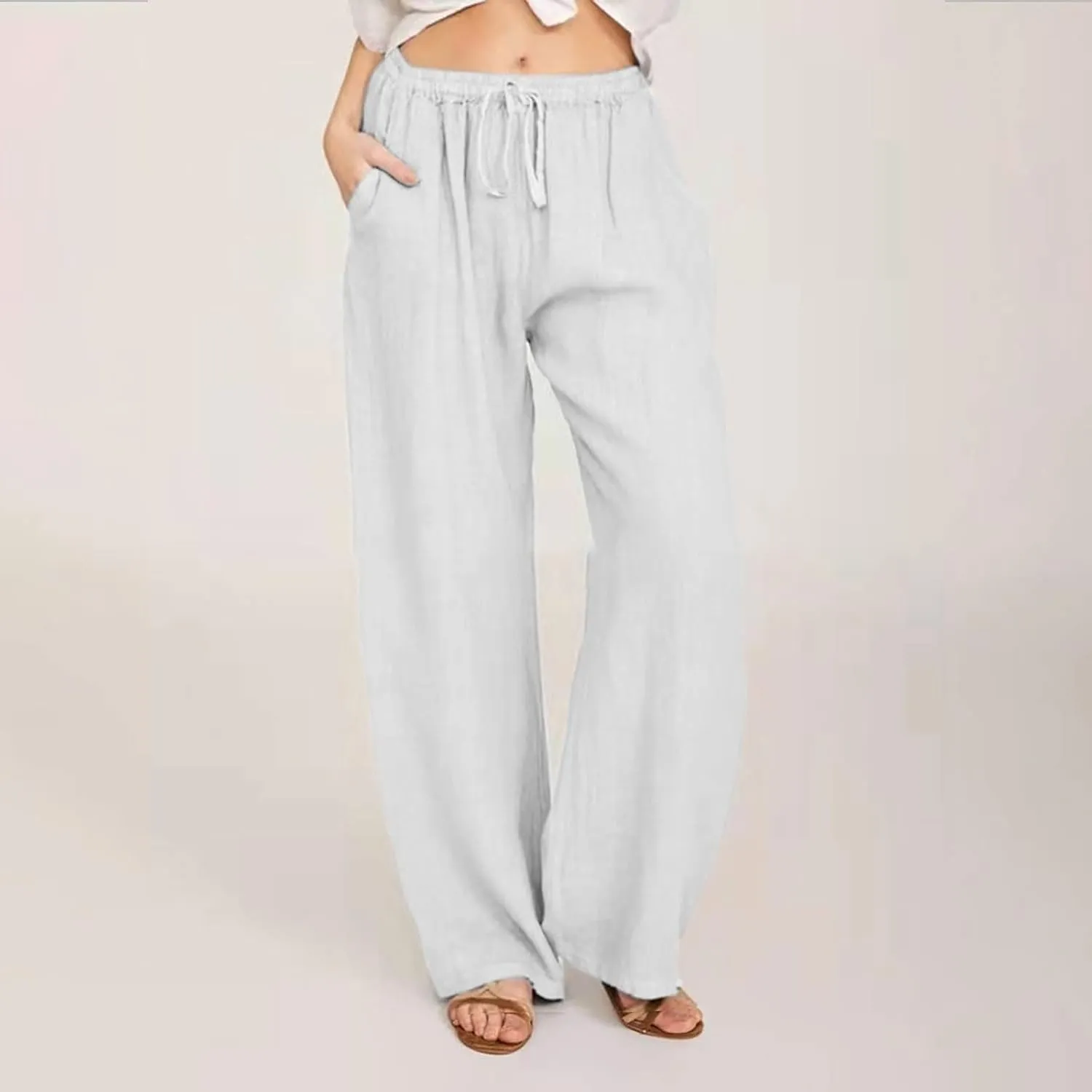 Women Long Linen Pants Casual Loose High Waist Drawstring Wide Leg Palazzo Pants Trousers with Pockets Baggy Slacks
