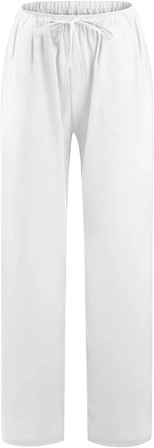 Women Long Linen Pants Casual Loose High Waist Drawstring Wide Leg Palazzo Pants Trousers with Pockets Baggy Slacks
