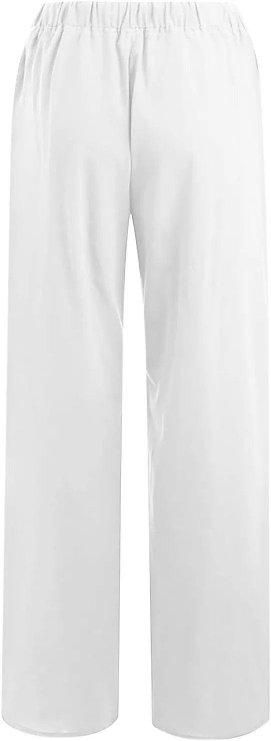 Women Long Linen Pants Casual Loose High Waist Drawstring Wide Leg Palazzo Pants Trousers with Pockets Baggy Slacks