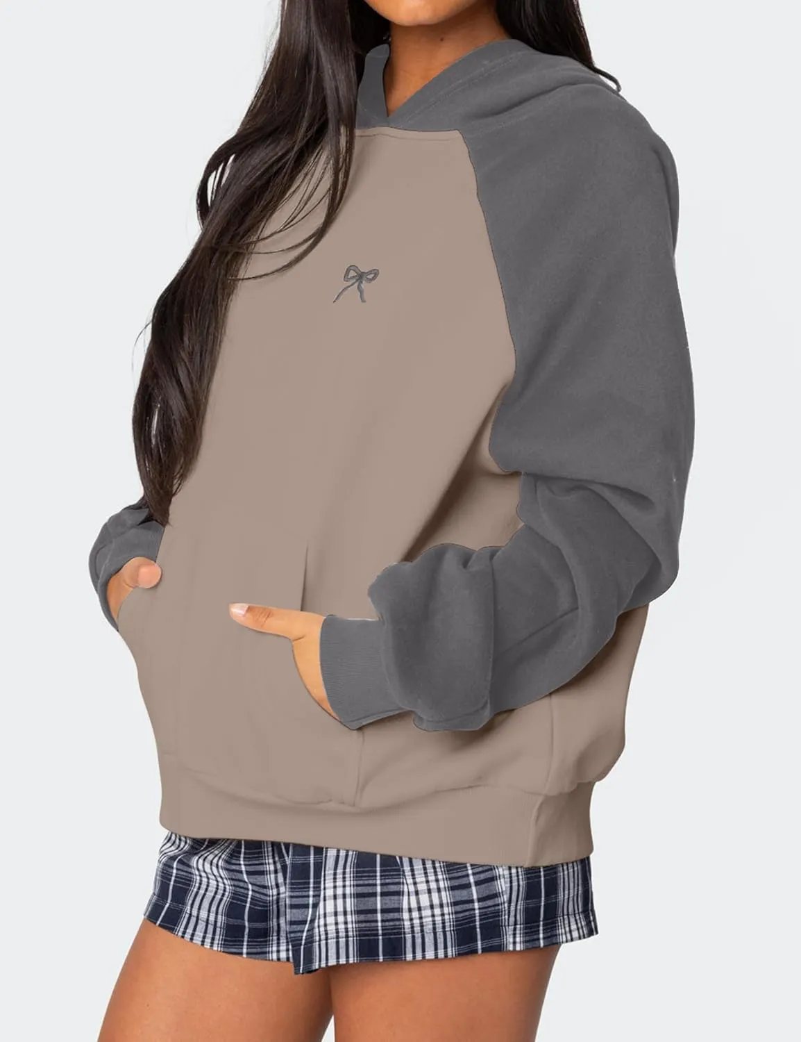 Women Oversized Color Block Hoodies Bow Graphic Embroidered Hooded Sweatshirts Casual Fall Pullover Sweatshirt Tops