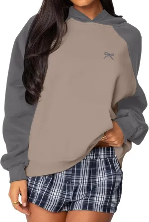 Women Oversized Color Block Hoodies Bow Graphic Embroidered Hooded Sweatshirts Casual Fall Pullover Sweatshirt Tops