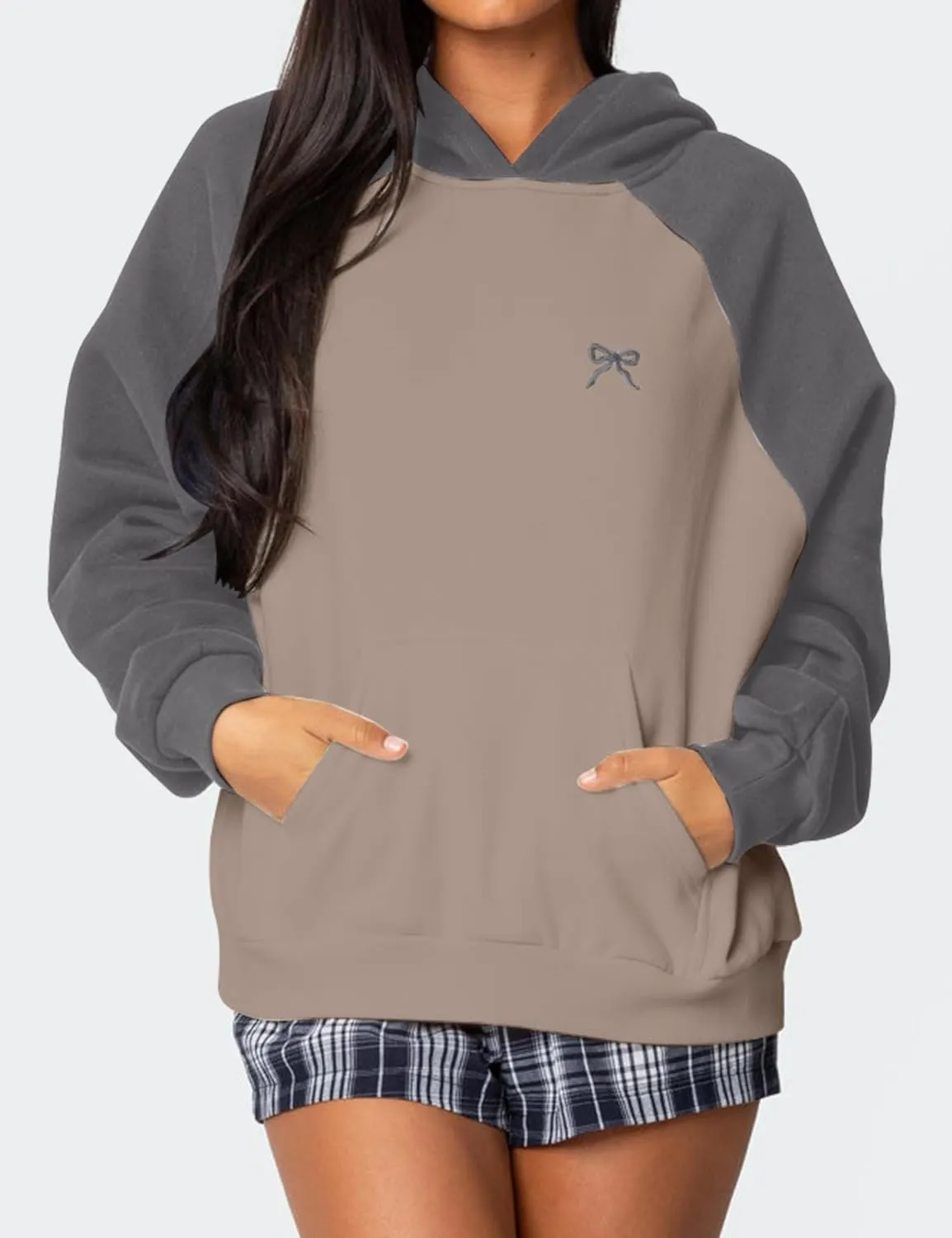 Women Oversized Color Block Hoodies Bow Graphic Embroidered Hooded Sweatshirts Casual Fall Pullover Sweatshirt Tops