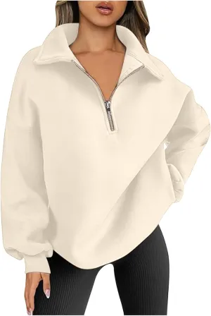 Women Oversized Half Zip Sweatshirt Drop Shoulder Long Sleeves Collar Quarter 1/4 Zipper Pullover Fashion Fall Tops