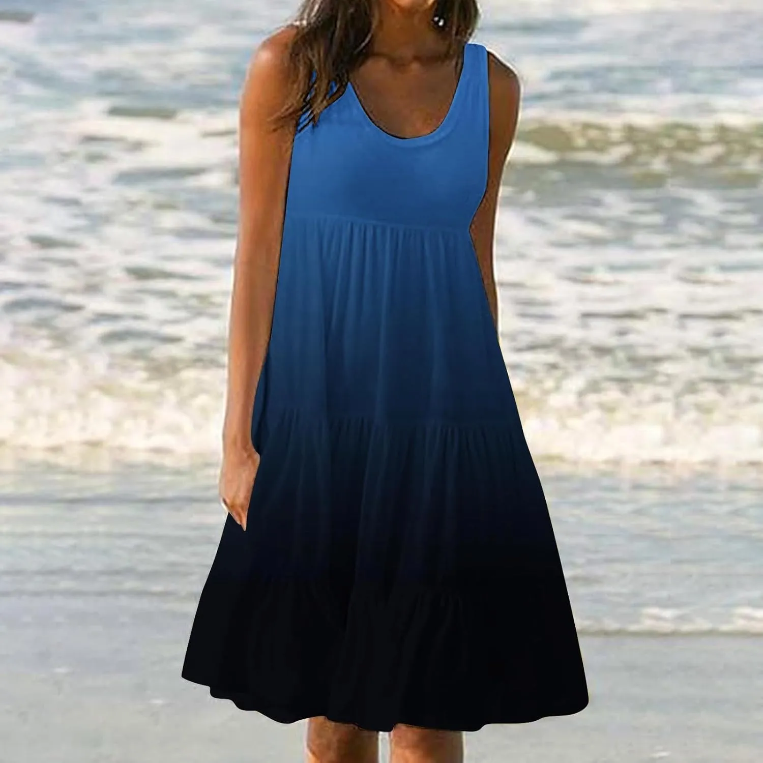 Women Plus Size Tank Dress Sleeveless Crew Neck Pleated Beach Mini Dresses Ruffle Tiered Flowy Summer Sundresses