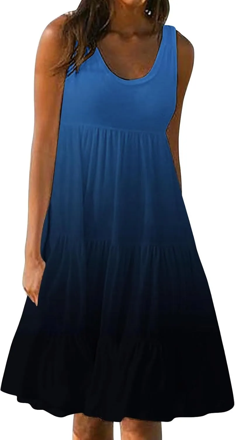 Women Plus Size Tank Dress Sleeveless Crew Neck Pleated Beach Mini Dresses Ruffle Tiered Flowy Summer Sundresses
