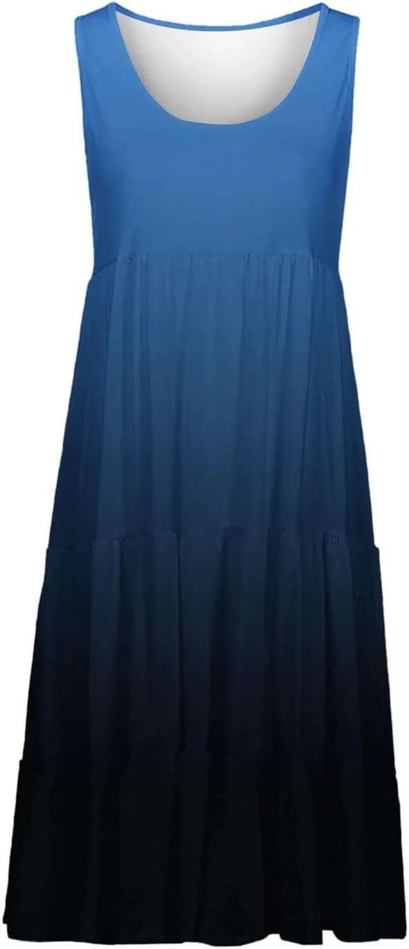 Women Plus Size Tank Dress Sleeveless Crew Neck Pleated Beach Mini Dresses Ruffle Tiered Flowy Summer Sundresses