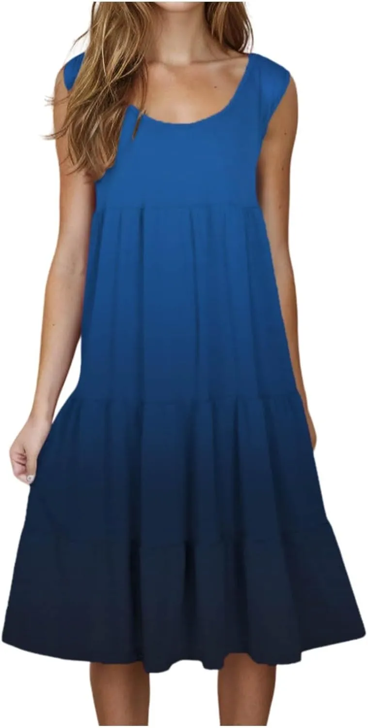 Women Plus Size Tank Dress Sleeveless Crew Neck Pleated Beach Mini Dresses Ruffle Tiered Flowy Summer Sundresses