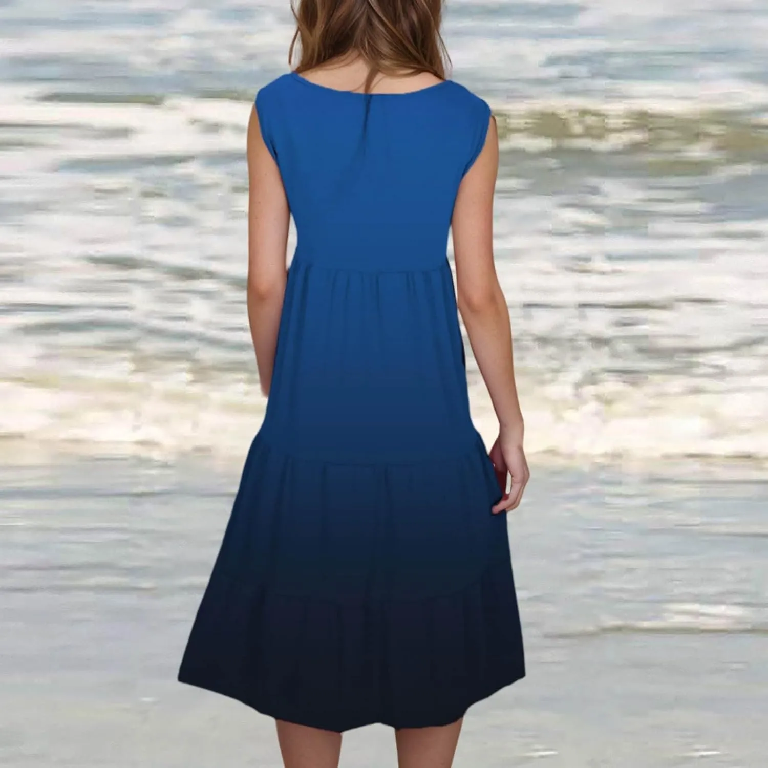 Women Plus Size Tank Dress Sleeveless Crew Neck Pleated Beach Mini Dresses Ruffle Tiered Flowy Summer Sundresses