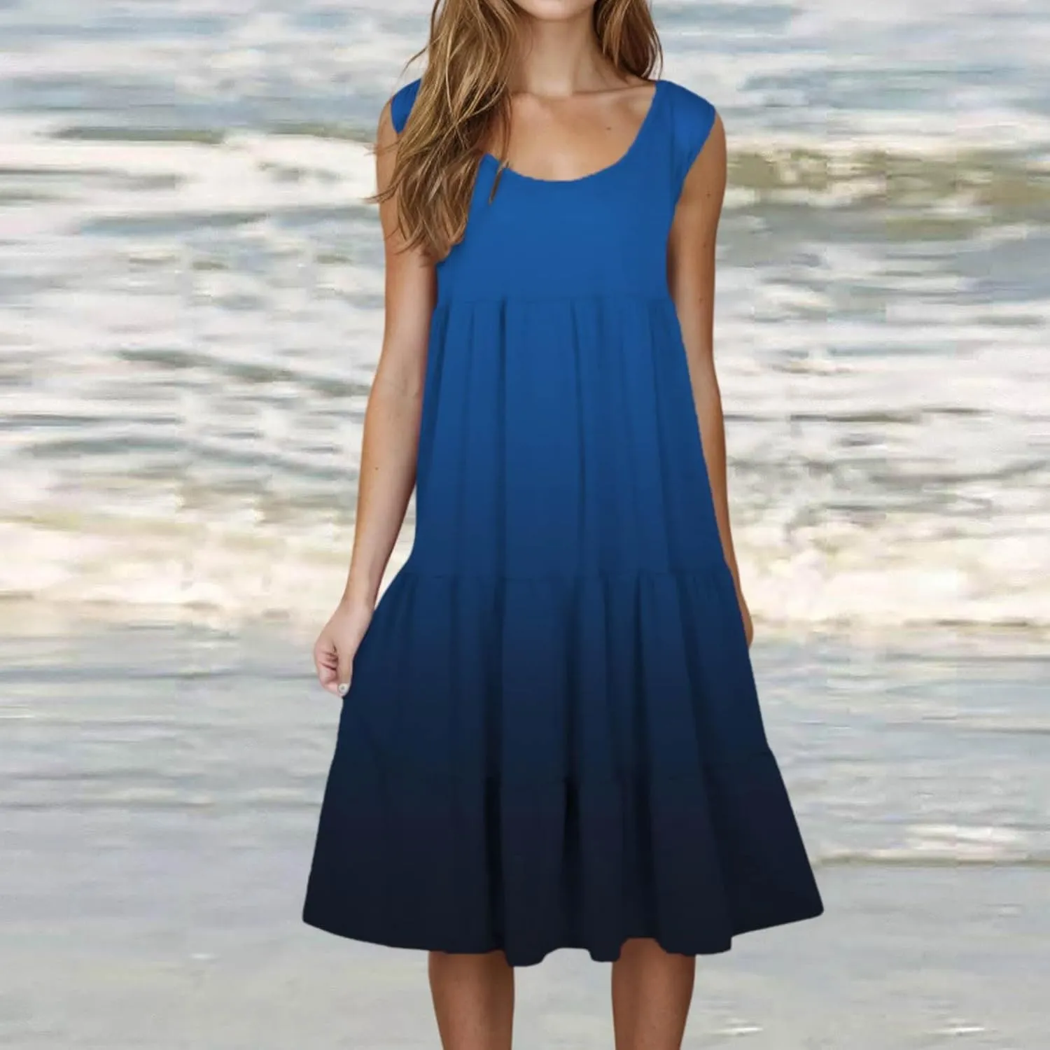 Women Plus Size Tank Dress Sleeveless Crew Neck Pleated Beach Mini Dresses Ruffle Tiered Flowy Summer Sundresses