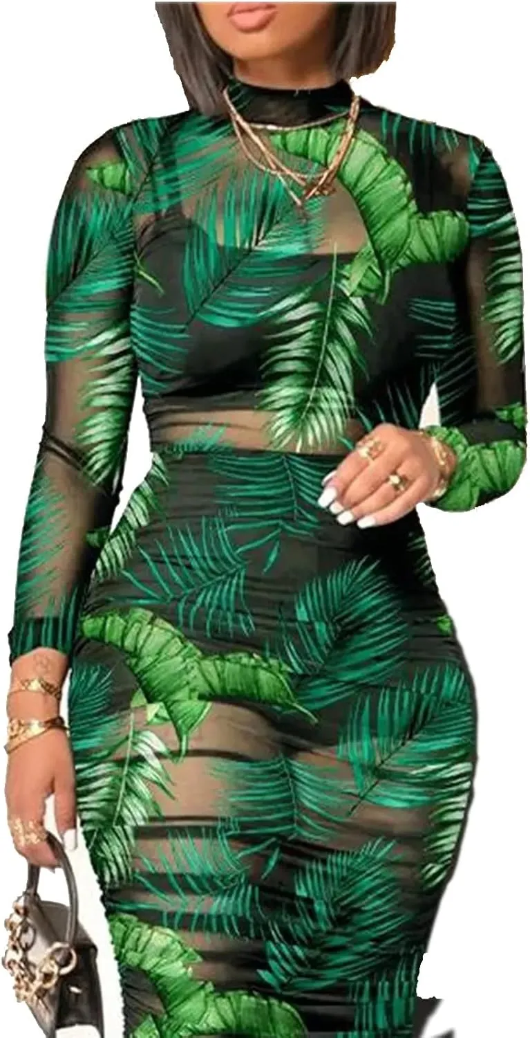 Women Sexy 3 Piece Outfits Set See Through Print Long Sleeve Midi Dress Sheer Mesh Crop Tank Tops Bodycon Skirt