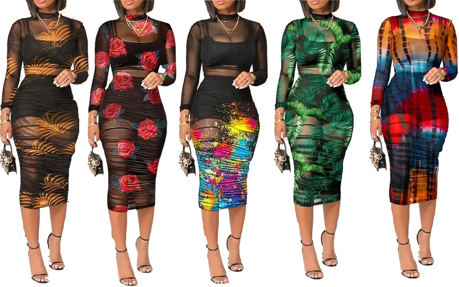Women Sexy 3 Piece Outfits Set See Through Print Long Sleeve Midi Dress Sheer Mesh Crop Tank Tops Bodycon Skirt