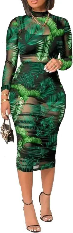 Women Sexy 3 Piece Outfits Set See Through Print Long Sleeve Midi Dress Sheer Mesh Crop Tank Tops Bodycon Skirt